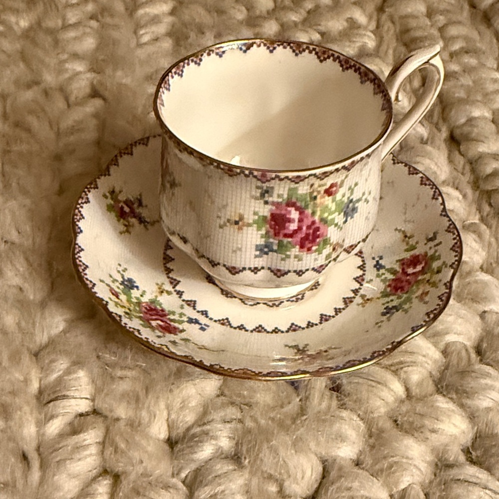 Vintage Floral Teacup and Saucer Set Royal Albert Petit Point Porcelain